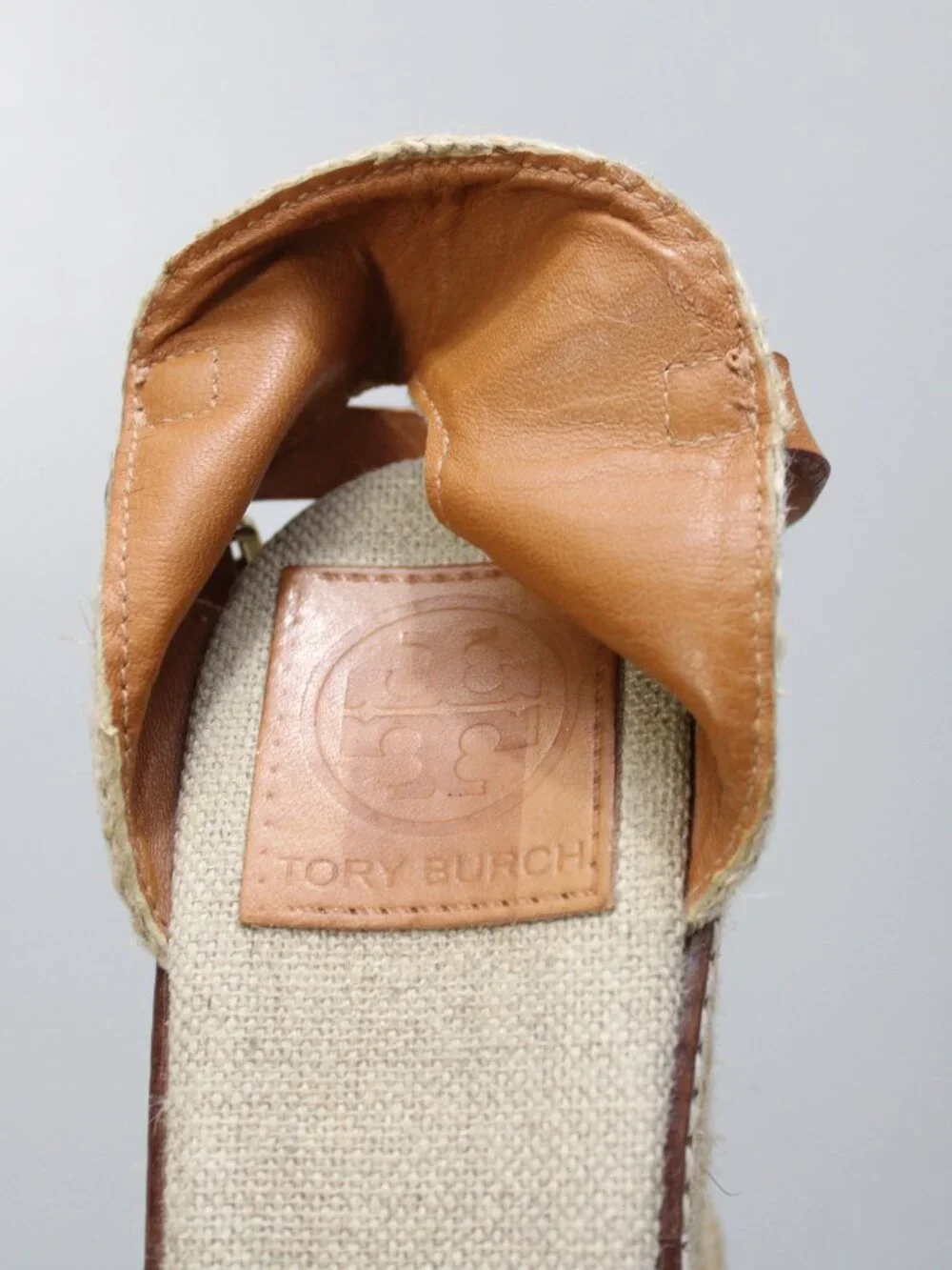 TORY BURCH Natural Linen Canvas Peep Toe Wedge Platform Espadrille Heels Tan 8.5